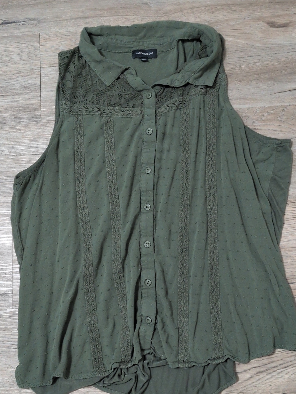 Warehouse Olive Green Lace-Trim Sleeveless Button Tank